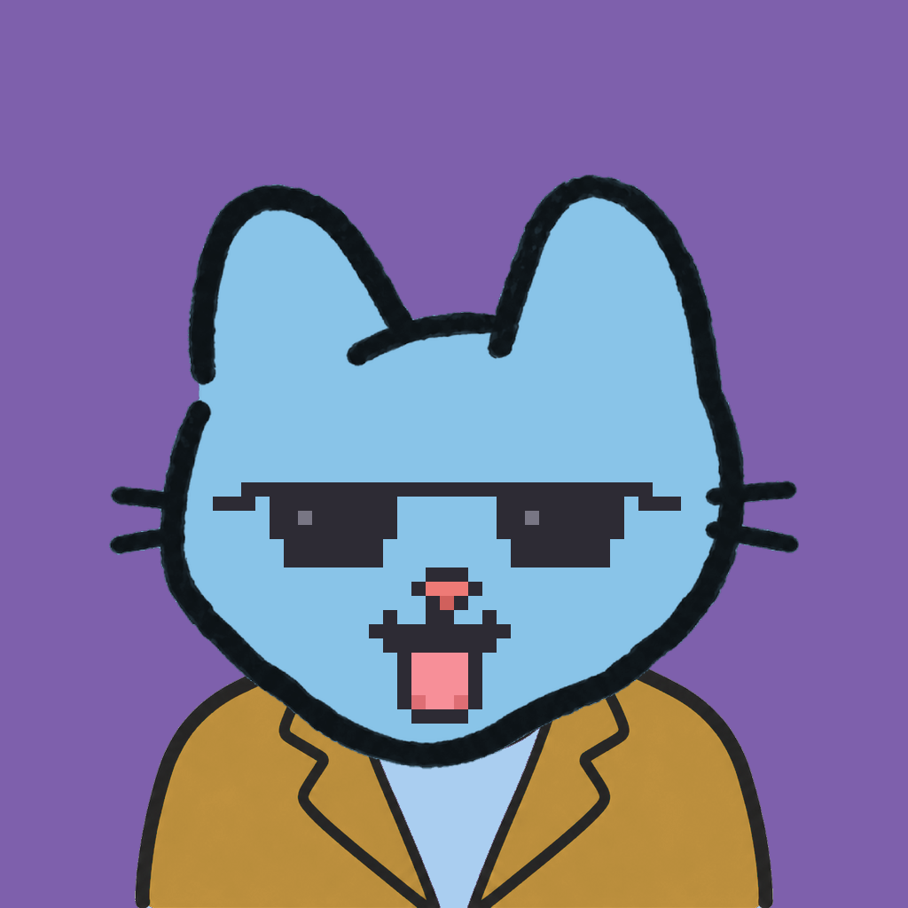 Employee #1800 — a sky cat, in a mustard suit, wearing shades glasses, on plasma violet
