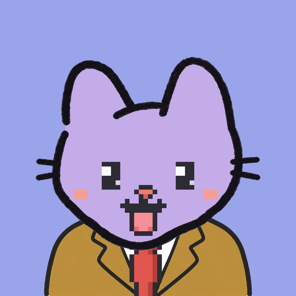 Employee #1801 — a lavender cat, in a mustard suit, with a red tie, on periwinkle