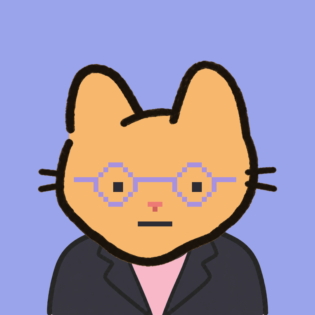 Employee #1802 — a tabby cat, in a black suit, wearing round-lavender glasses, on periwinkle