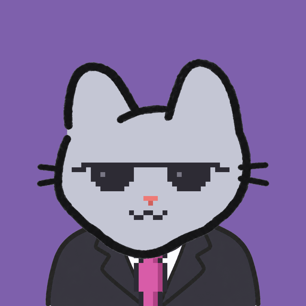 Employee #1803 — a gray cat, in a black suit, with a magenta tie, wearing shades glasses, on plasma violet