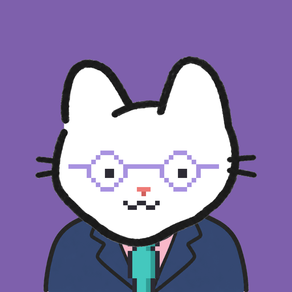 Employee #1804 — a white cat, in a navy suit, with a teal tie, wearing round-lavender glasses, on plasma violet