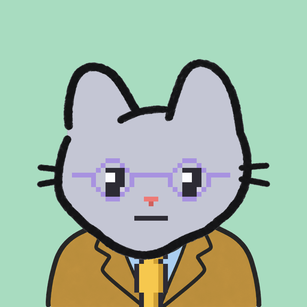 Employee #1805 — a gray cat, in a mustard suit, with a gold tie, wearing round-lavender glasses, on mint