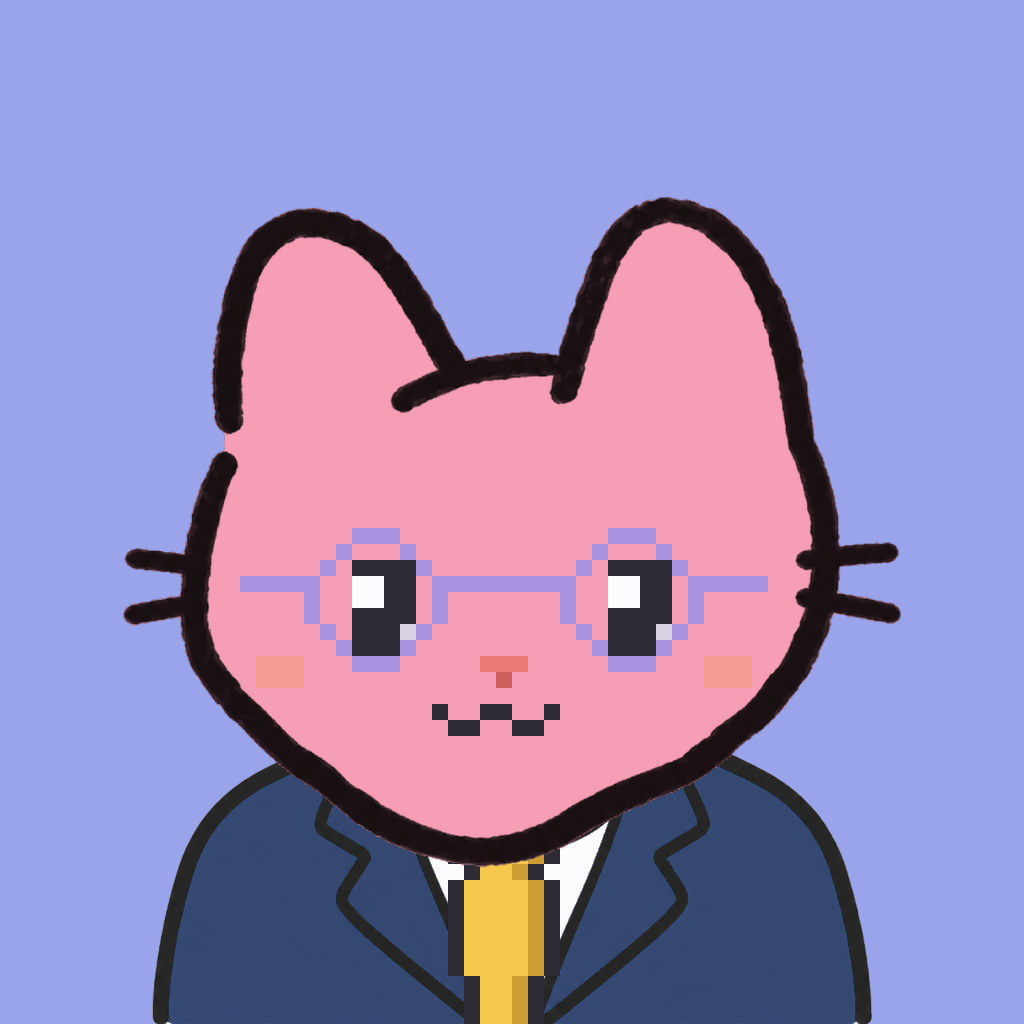 Employee #1806 — a pink cat, in a navy suit, with a gold tie, wearing round-lavender glasses, on periwinkle