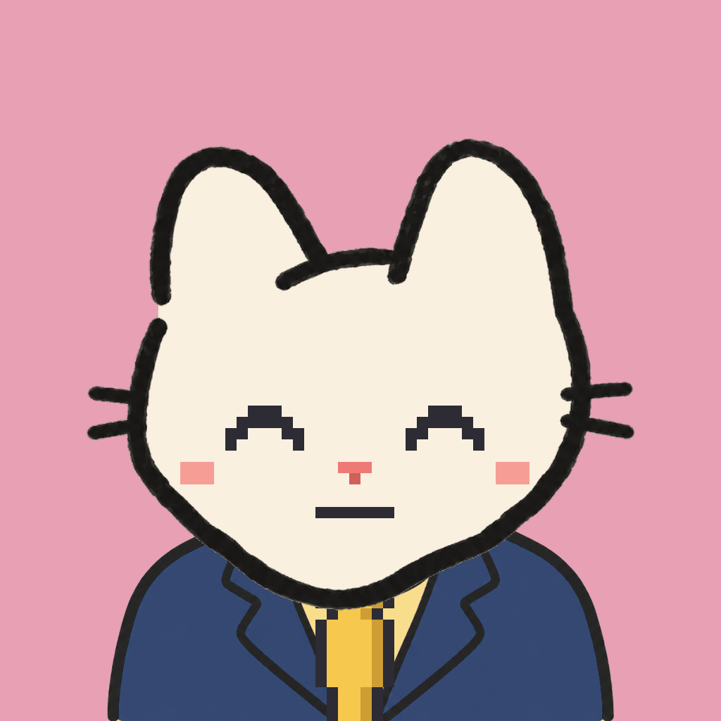 Employee #1807 — a cream cat, in a navy suit, with a gold tie, on rose
