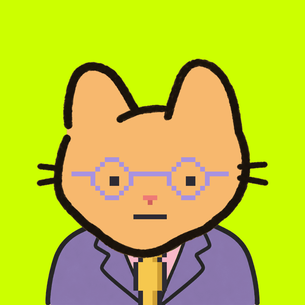 Employee #1808 — a tabby cat, in a lavender suit, with a gold tie, wearing round-lavender glasses, on volt