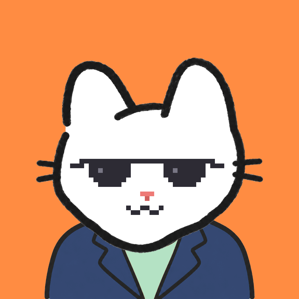 Employee #1809 — a white cat, in a navy suit, wearing shades glasses, on tangerine