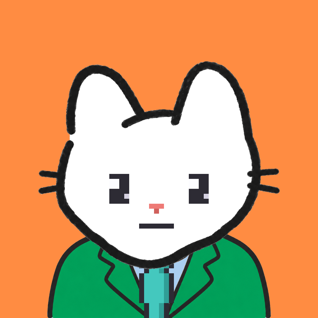 Employee #0181 — a white cat, in a green suit, with a teal tie, on tangerine