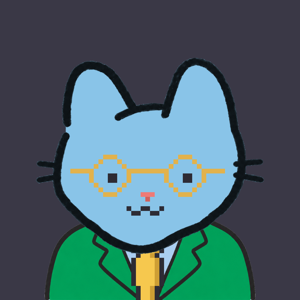 Employee #1810 — a sky cat, in a green suit, with a gold tie, wearing round-gold glasses, on charcoal