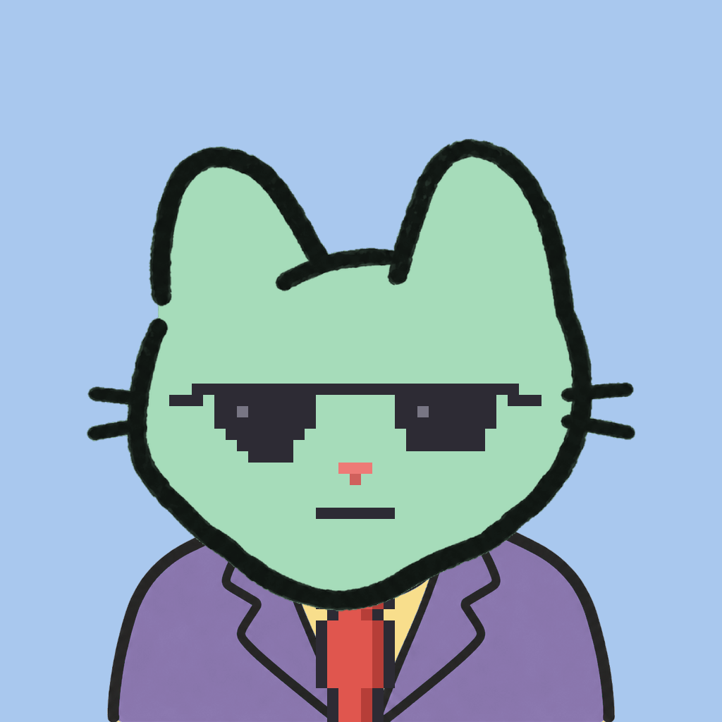 Employee #1811 — a mint cat, in a lavender suit, with a red tie, wearing shades glasses, on sky