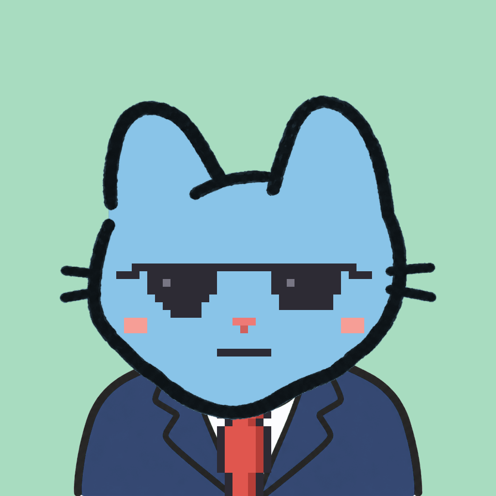 Employee #1812 — a sky cat, in a navy suit, with a red tie, wearing shades glasses, on mint