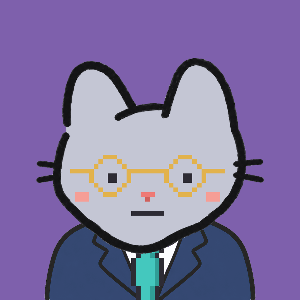 Employee #1813 — a gray cat, in a navy suit, with a teal tie, wearing round-gold glasses, on plasma violet