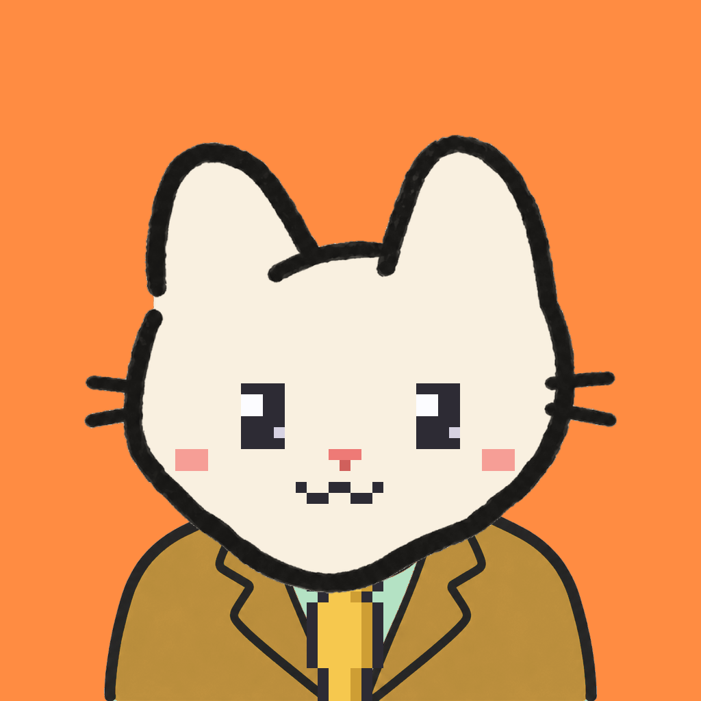 Employee #1814 — a cream cat, in a mustard suit, with a gold tie, on tangerine