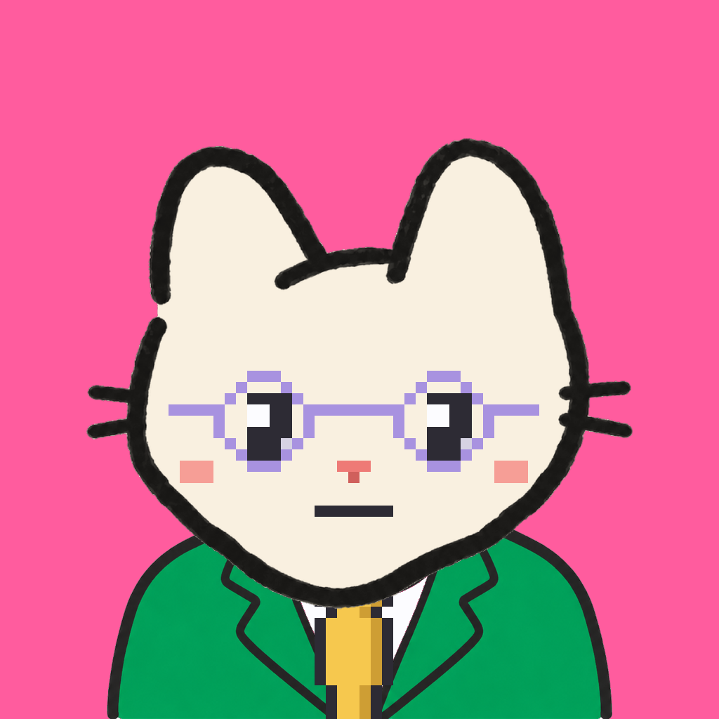 Employee #1815 — a cream cat, in a green suit, with a gold tie, wearing round-lavender glasses, on hot pink
