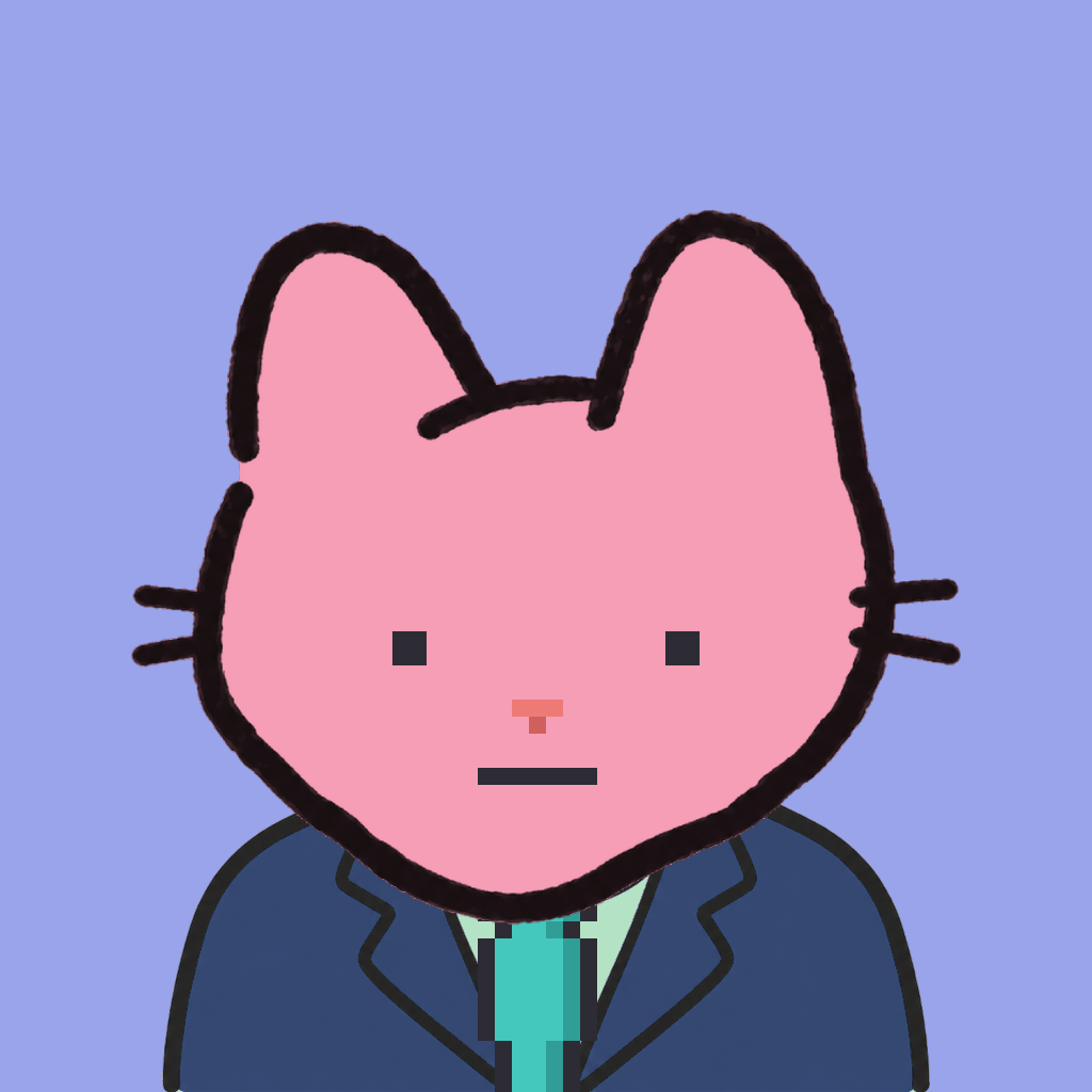 Employee #1816 — a pink cat, in a navy suit, with a teal tie, on periwinkle