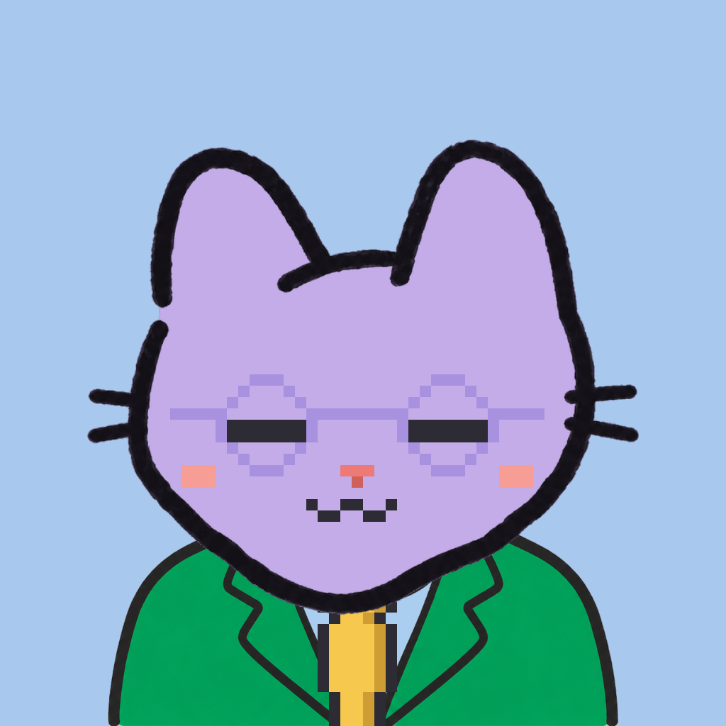 Employee #1817 — a lavender cat, in a green suit, with a gold tie, wearing round-lavender glasses, on sky