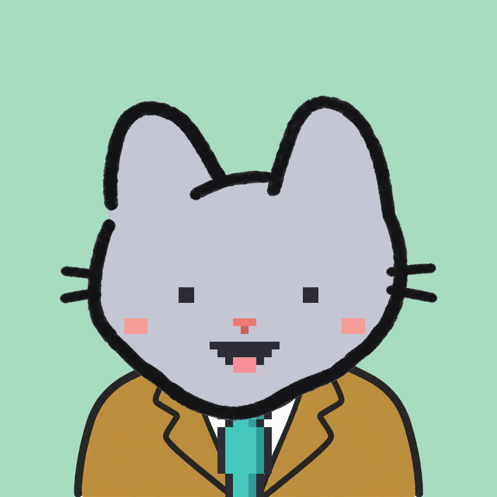 Employee #1818 — a gray cat, in a mustard suit, with a teal tie, on mint