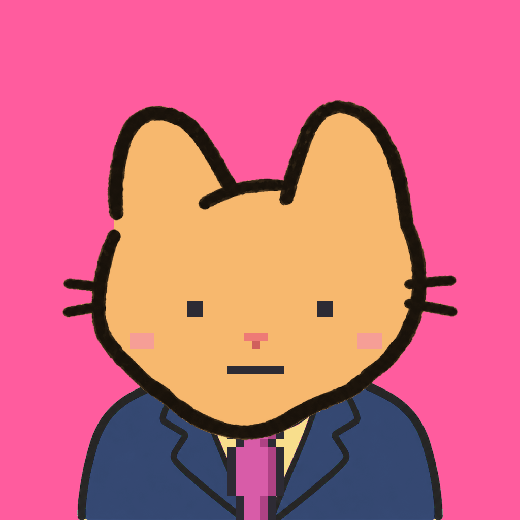 Employee #1819 — a tabby cat, in a navy suit, with a magenta tie, on hot pink