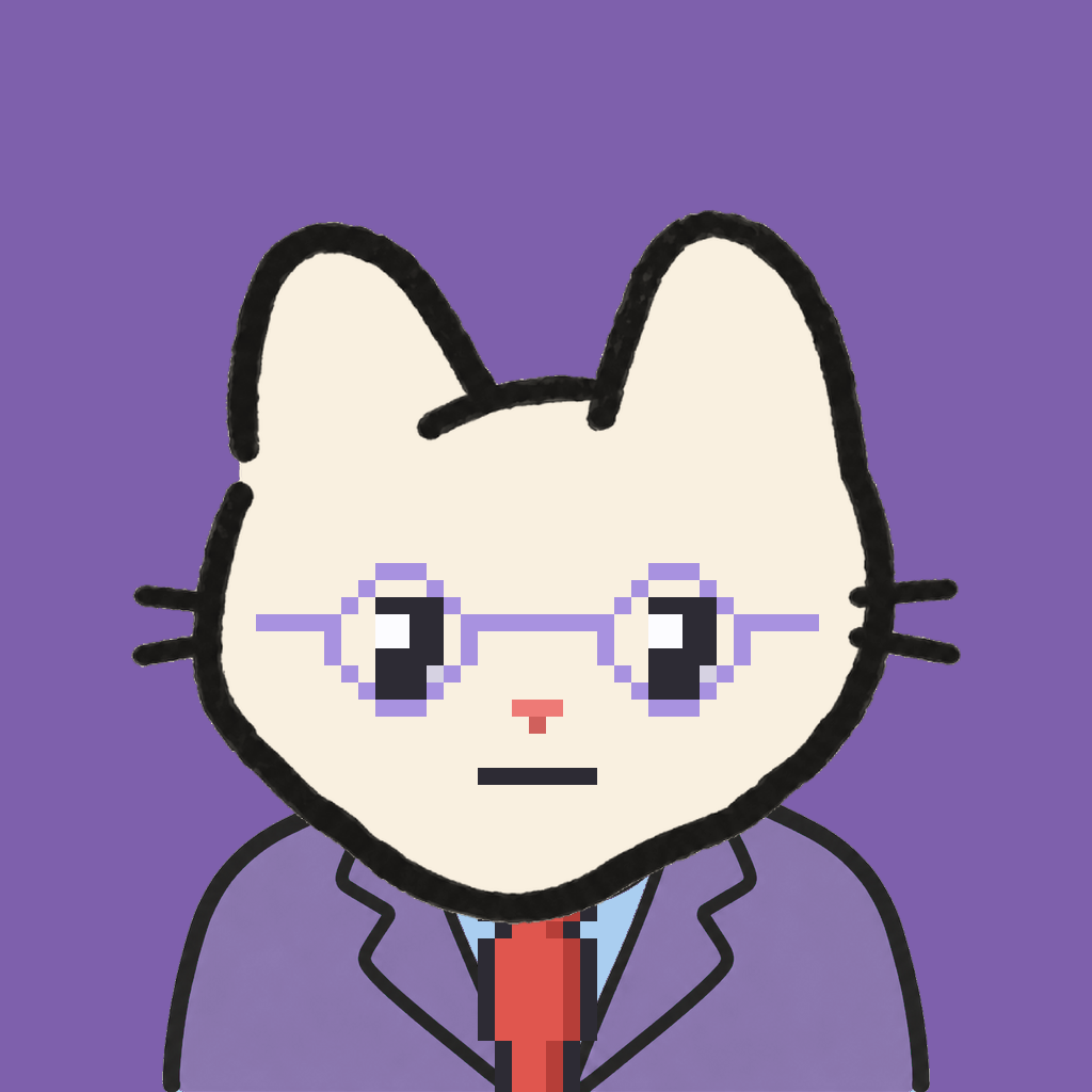 Employee #0182 — a cream cat, in a lavender suit, with a red tie, wearing round-lavender glasses, on plasma violet