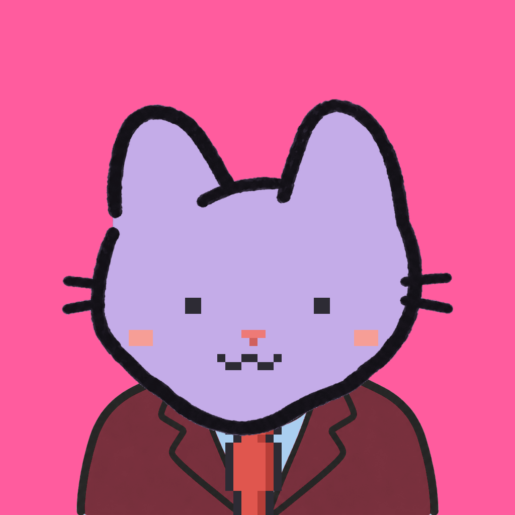 Employee #1820 — a lavender cat, in a burgundy suit, with a red tie, on hot pink