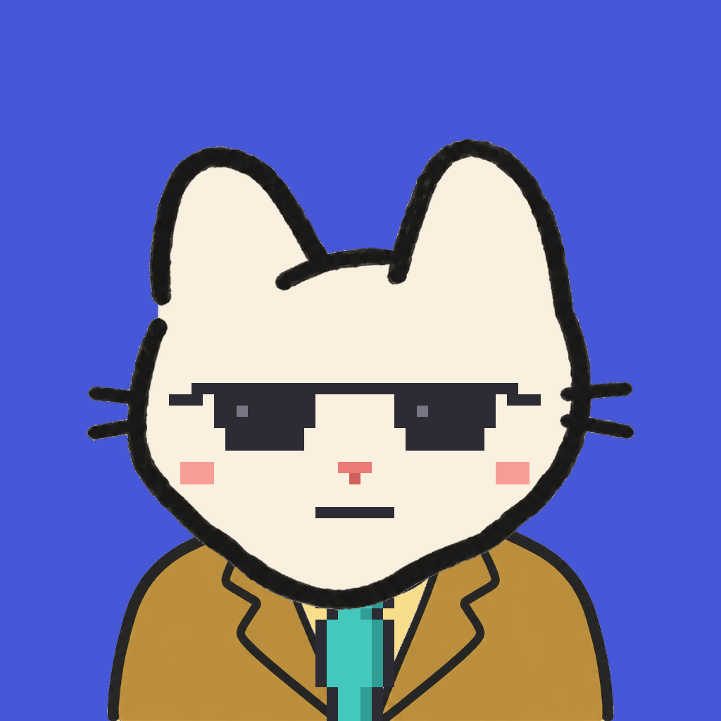Employee #1821 — a cream cat, in a mustard suit, with a teal tie, wearing shades glasses, on royal