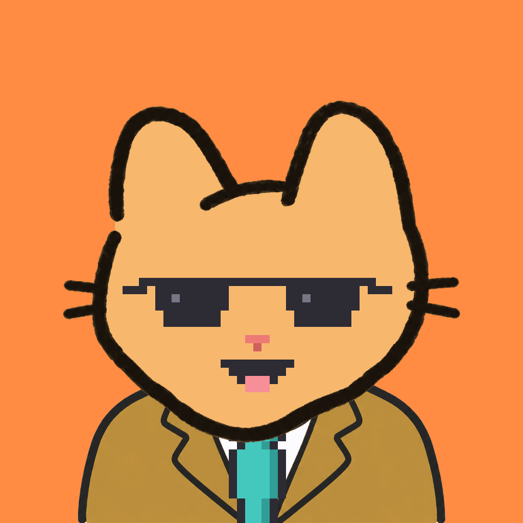 Employee #1822 — a tabby cat, in a mustard suit, with a teal tie, wearing shades glasses, on tangerine