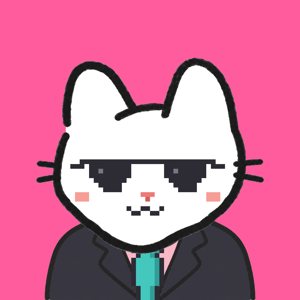Employee #1823 — a white cat, in a black suit, with a teal tie, wearing shades glasses, on hot pink