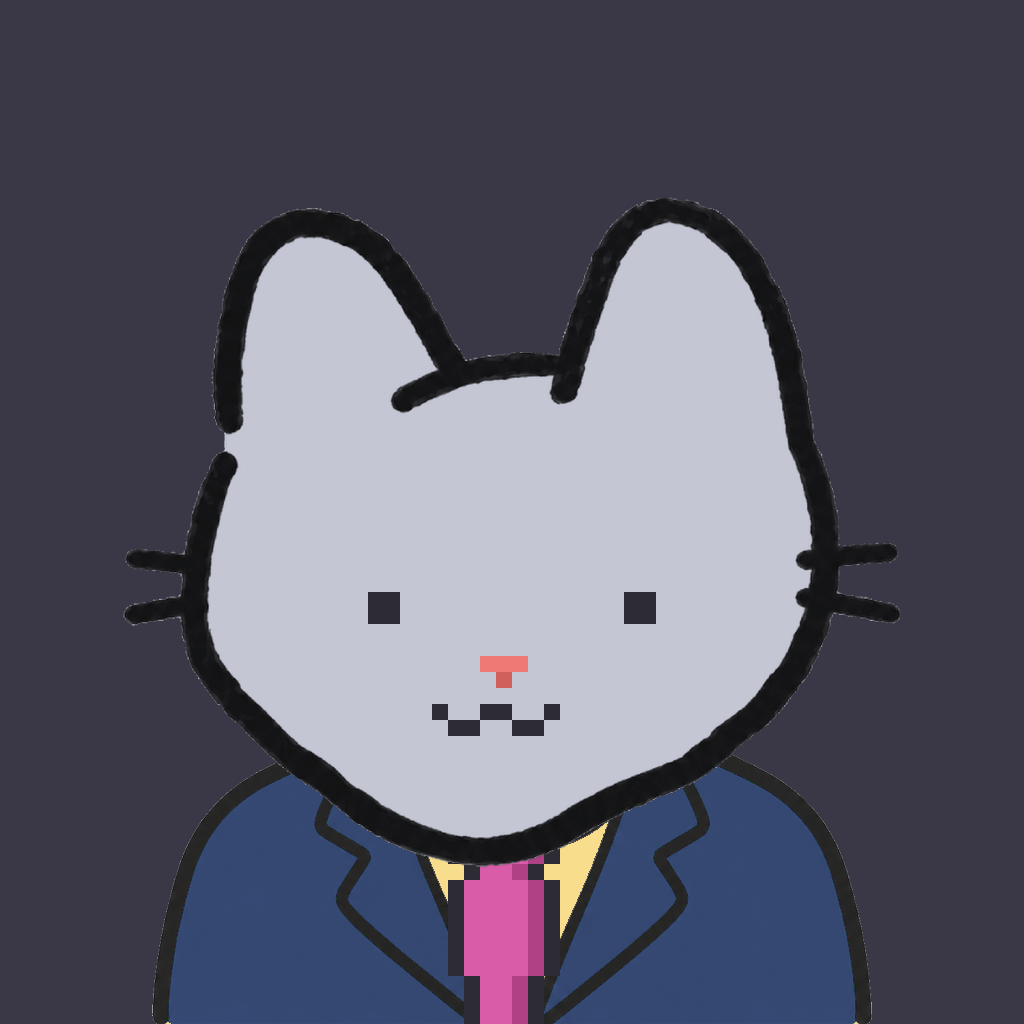 Employee #1824 — a gray cat, in a navy suit, with a magenta tie, on charcoal