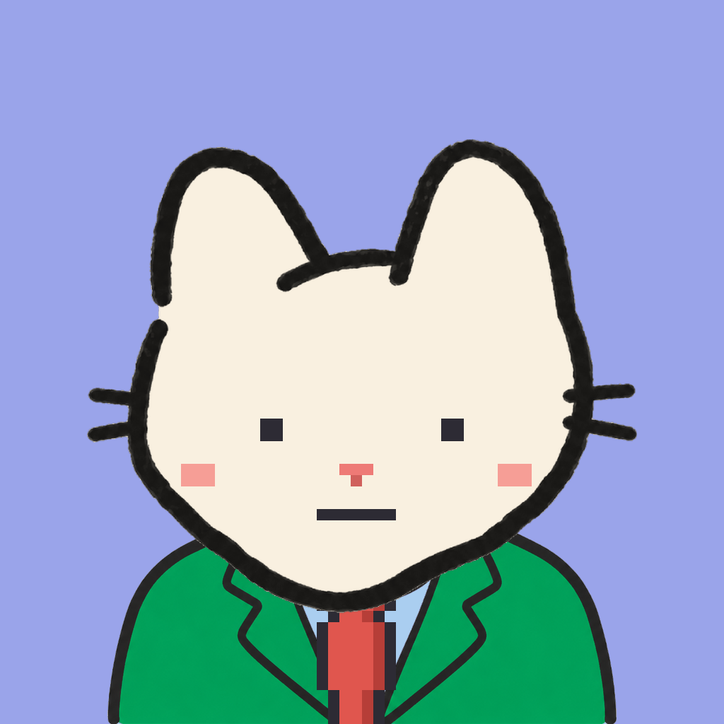 Employee #1825 — a cream cat, in a green suit, with a red tie, on periwinkle
