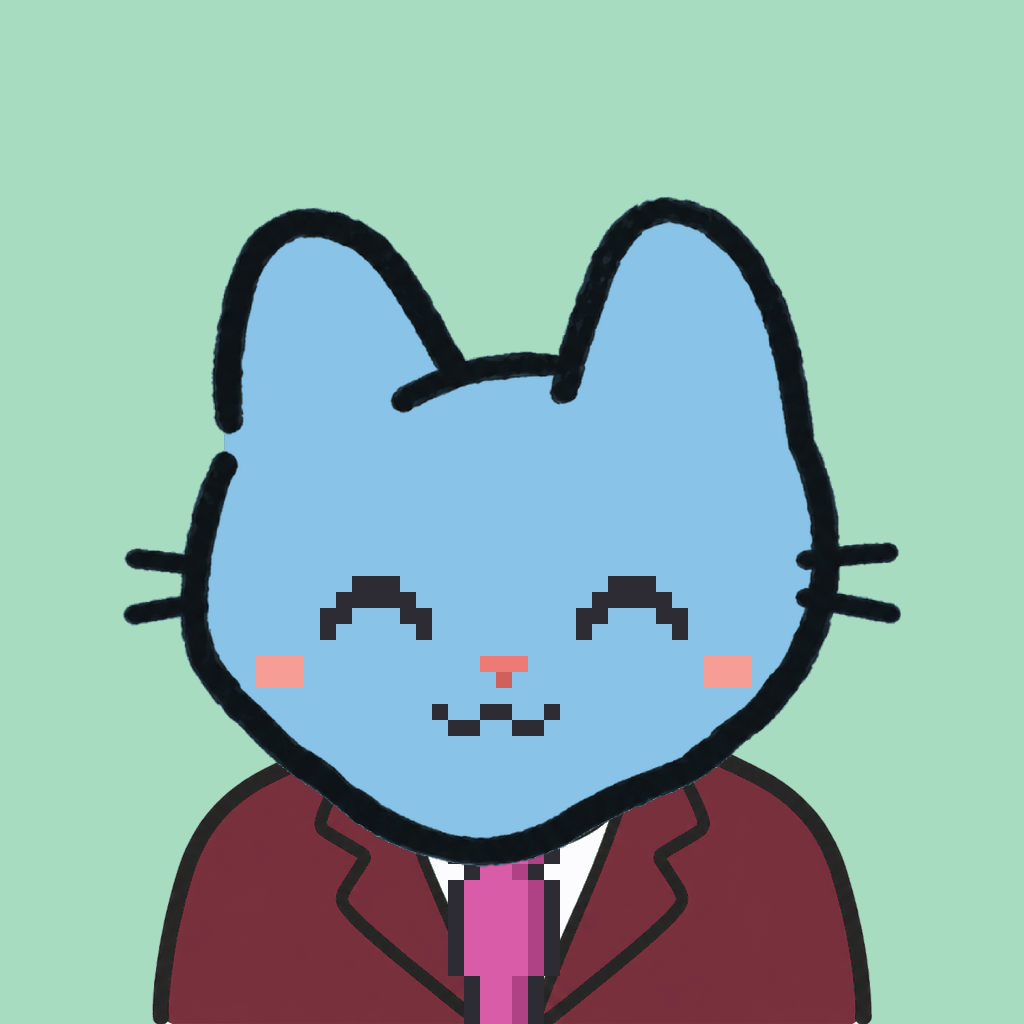 Employee #1826 — a sky cat, in a burgundy suit, with a magenta tie, on mint