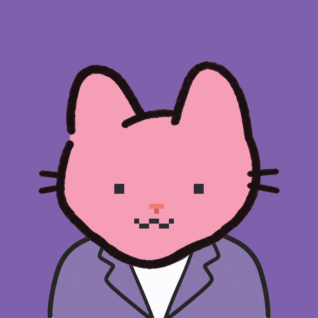 Employee #1827 — a pink cat, in a lavender suit, on plasma violet