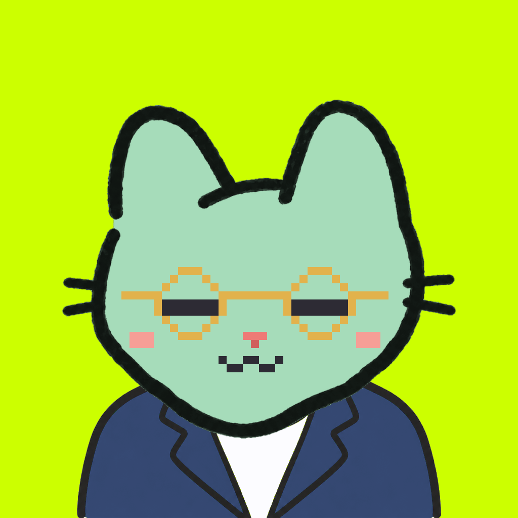 Employee #1828 — a mint cat, in a navy suit, wearing round-gold glasses, on volt