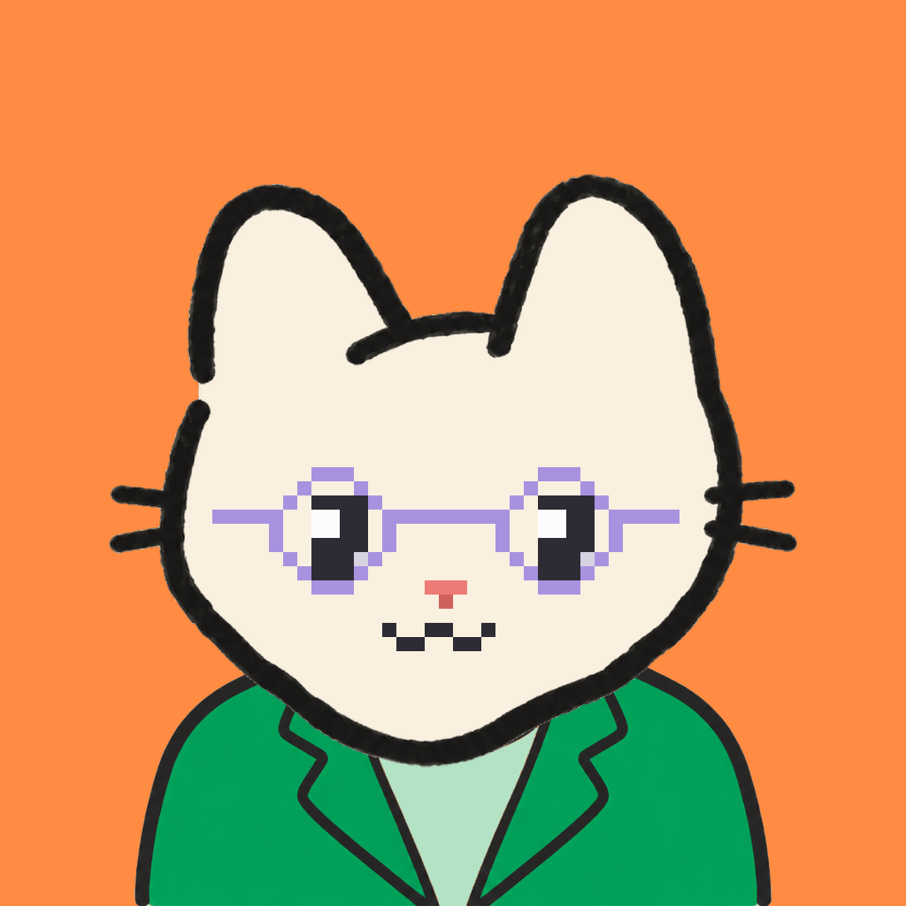 Employee #1829 — a cream cat, in a green suit, wearing round-lavender glasses, on tangerine