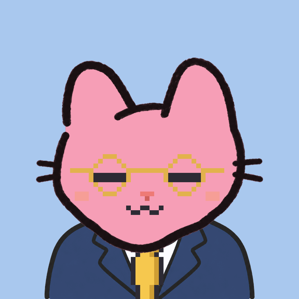 Employee #0183 — a pink cat, in a navy suit, with a gold tie, wearing round-gold glasses, on sky