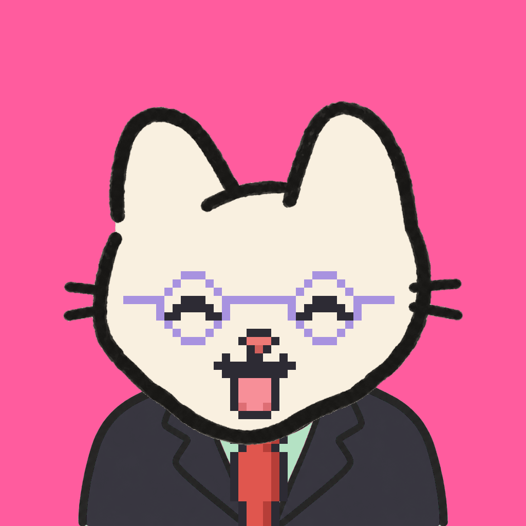 Employee #1830 — a cream cat, in a black suit, with a red tie, wearing round-lavender glasses, on hot pink