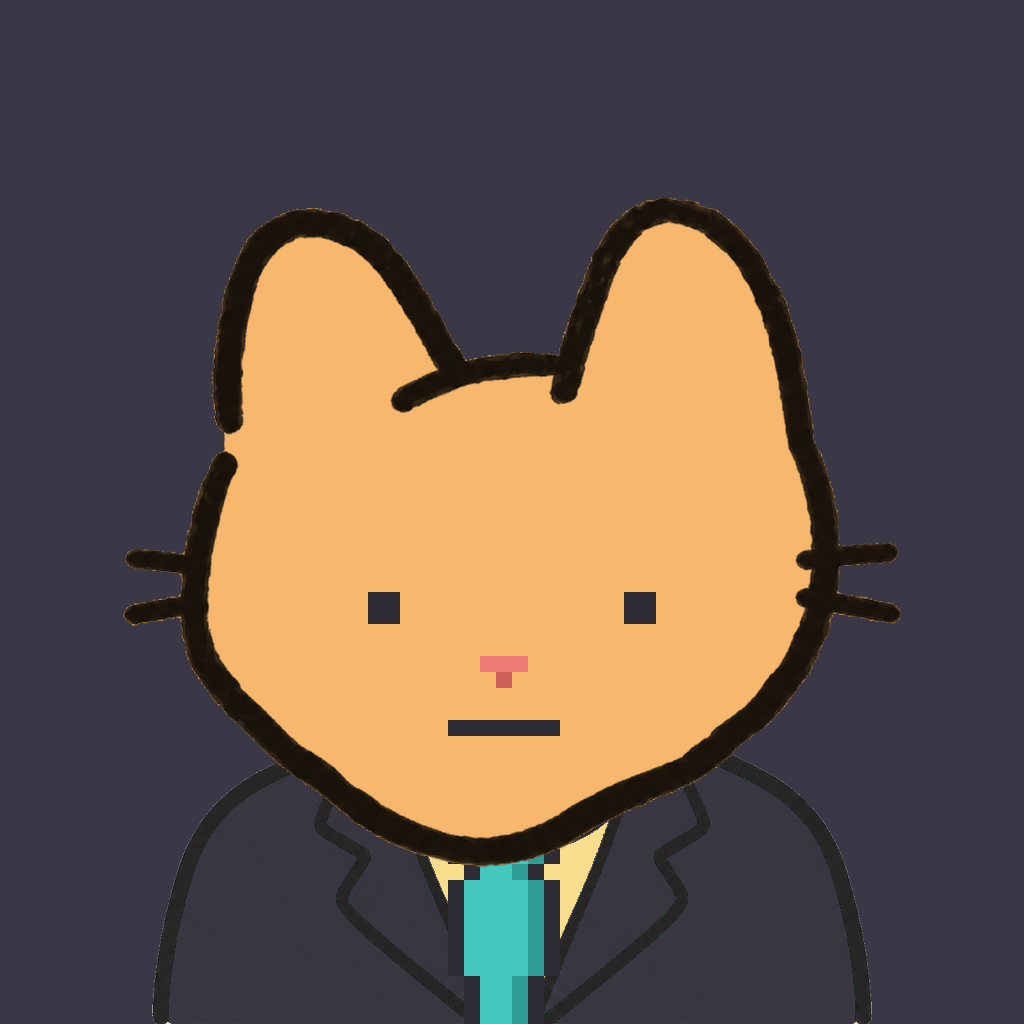 Employee #1831 — a tabby cat, in a black suit, with a teal tie, on charcoal