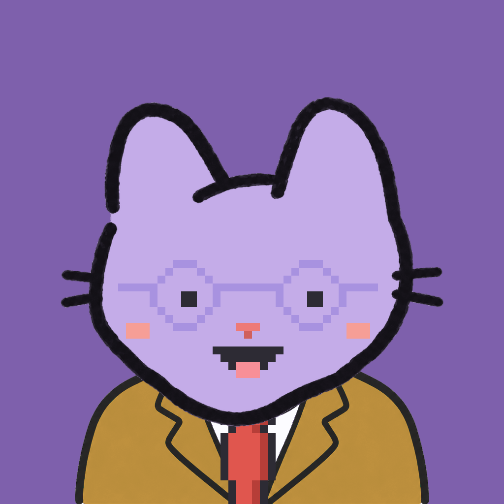 Employee #1832 — a lavender cat, in a mustard suit, with a red tie, wearing round-lavender glasses, on plasma violet