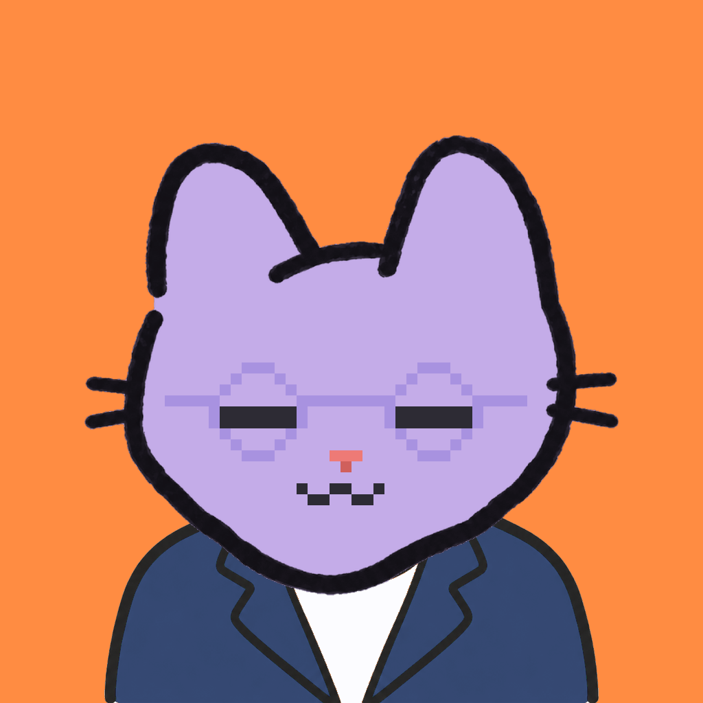 Employee #1833 — a lavender cat, in a navy suit, wearing round-lavender glasses, on tangerine