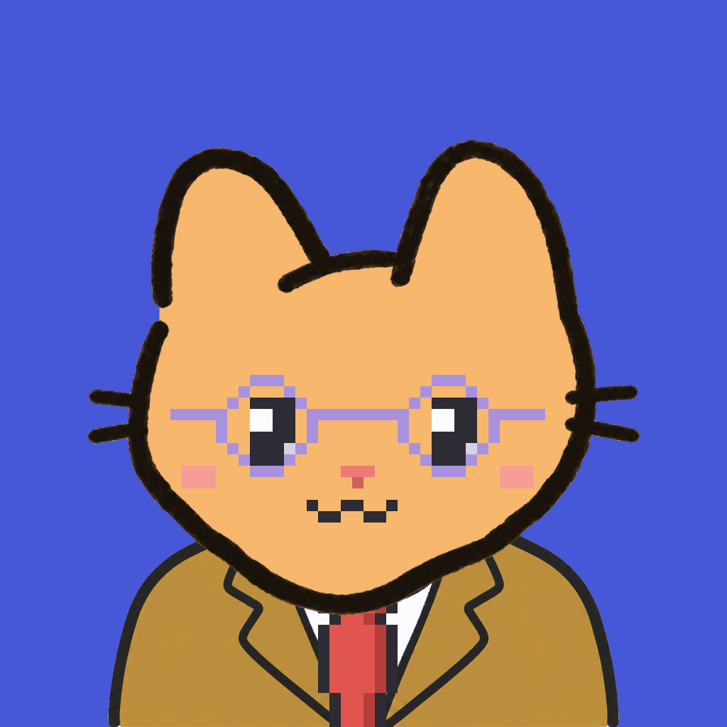 Employee #1834 — a tabby cat, in a mustard suit, with a red tie, wearing round-lavender glasses, on royal