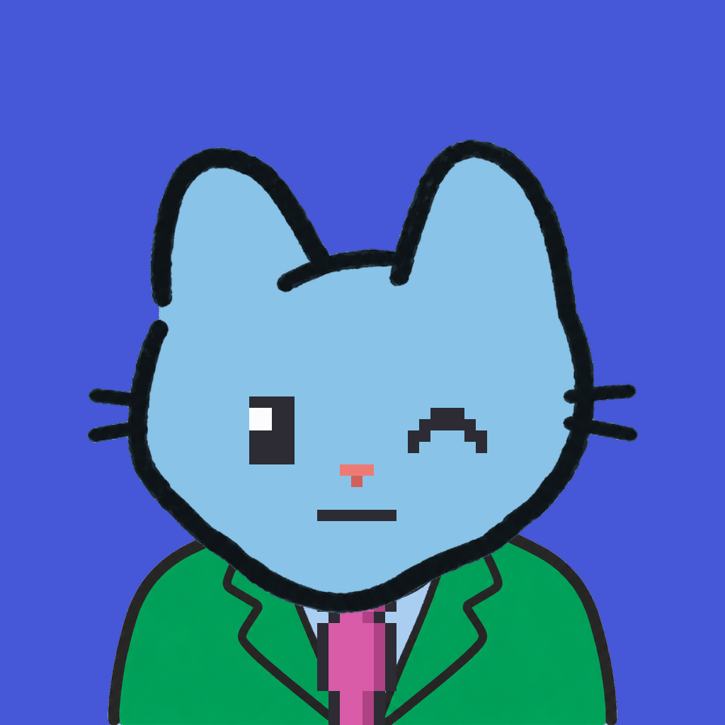 Employee #1835 — a sky cat, in a green suit, with a magenta tie, on royal