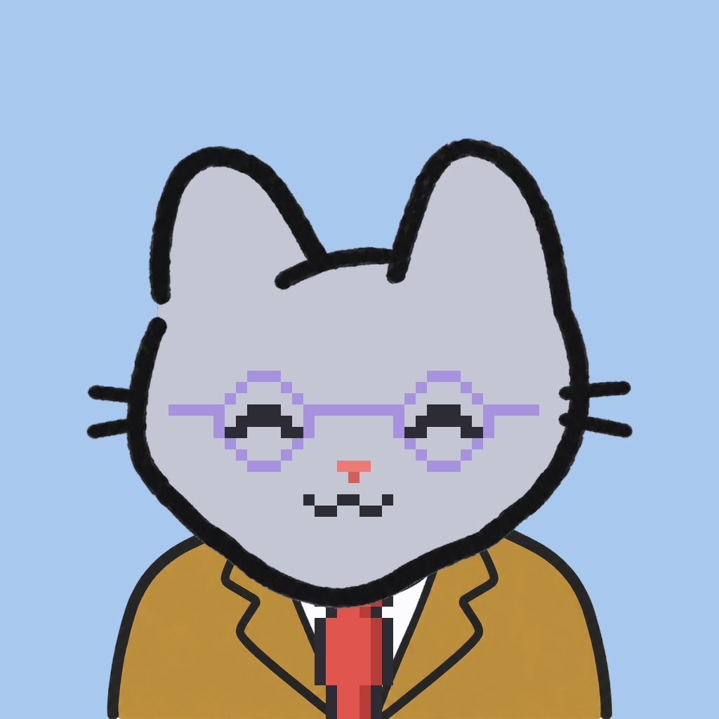Employee #1837 — a gray cat, in a mustard suit, with a red tie, wearing round-lavender glasses, on sky