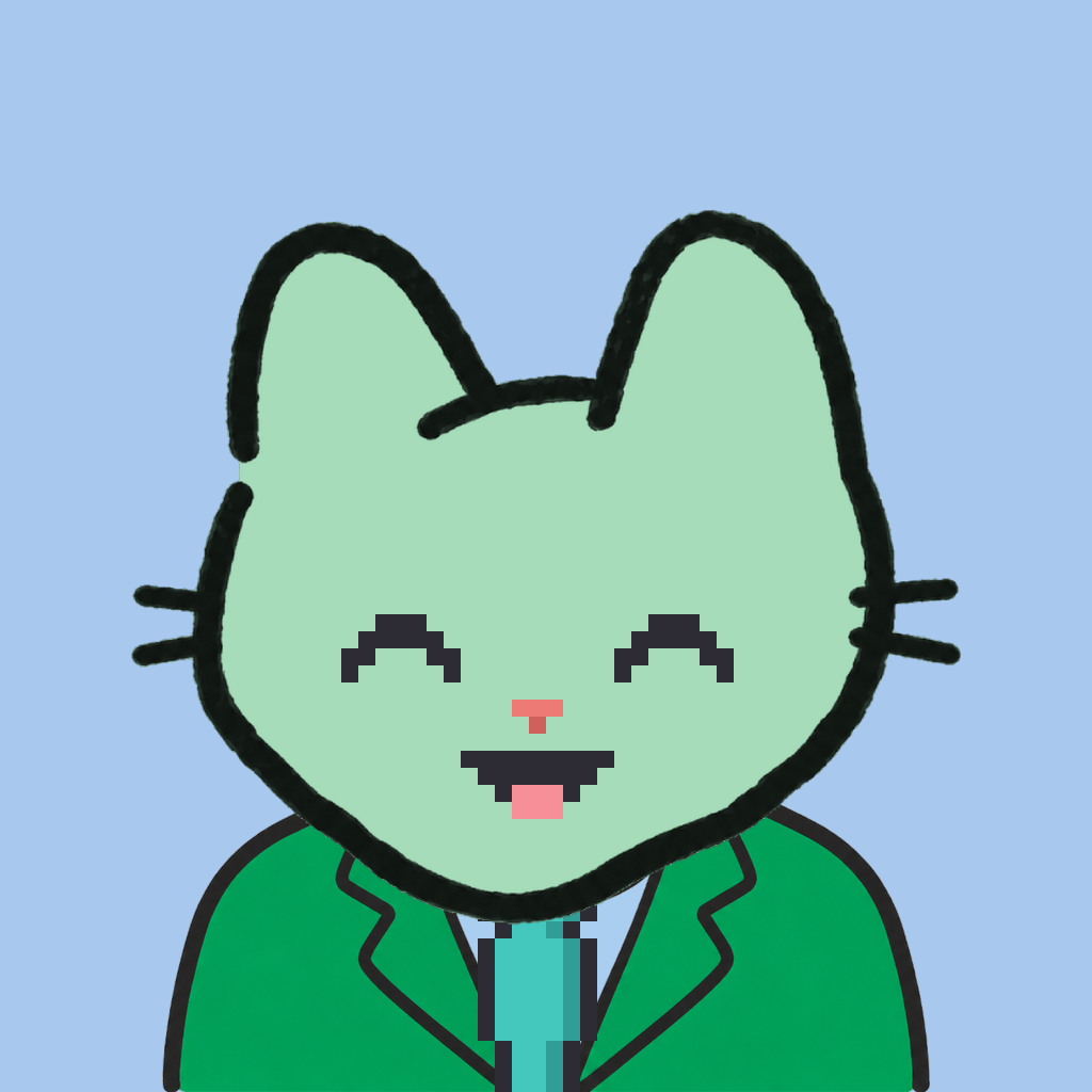 Employee #1838 — a mint cat, in a green suit, with a teal tie, on sky
