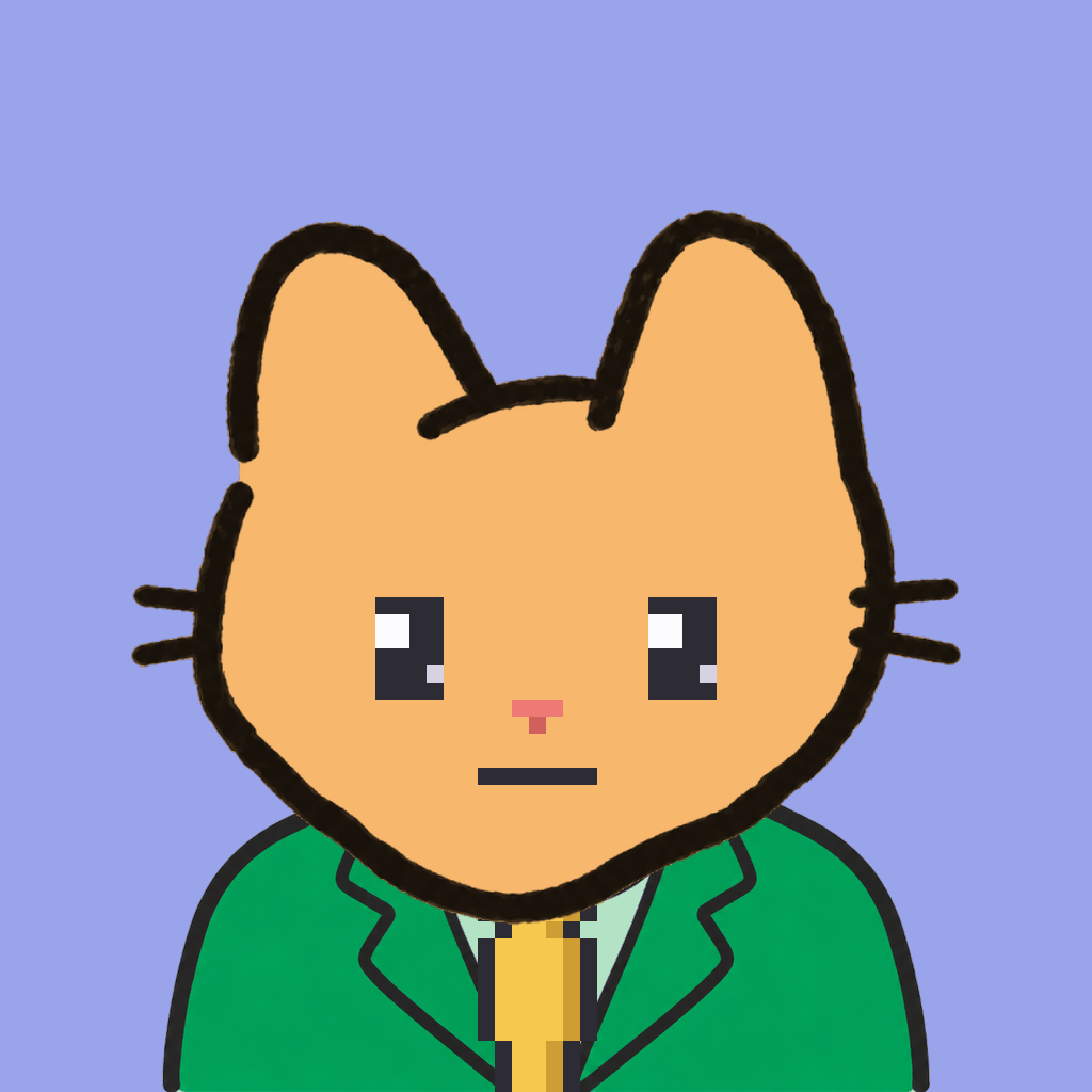Employee #1839 — a tabby cat, in a green suit, with a gold tie, on periwinkle