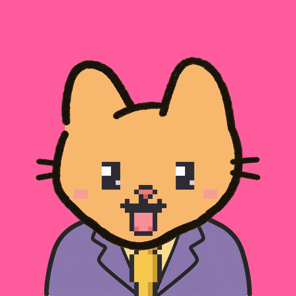 Employee #0184 — a tabby cat, in a lavender suit, with a gold tie, on hot pink