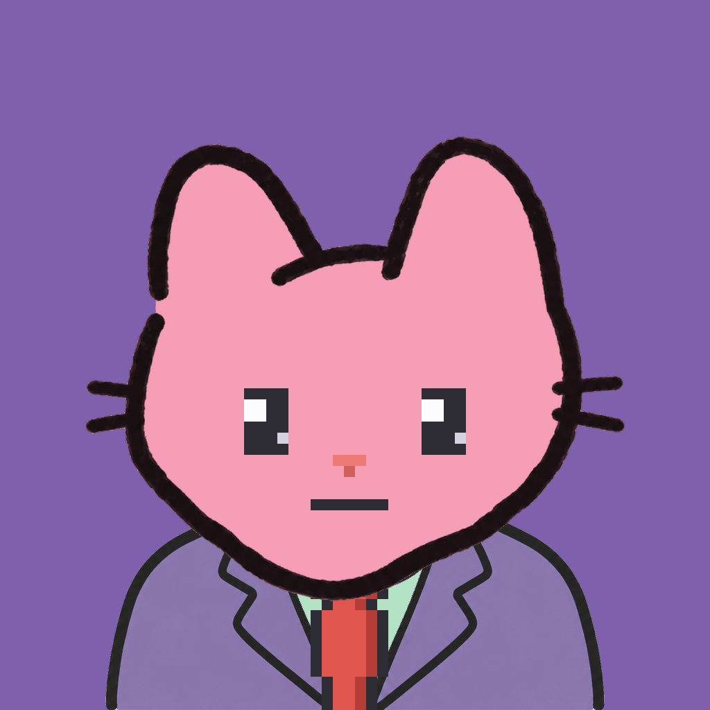 Employee #1840 — a pink cat, in a lavender suit, with a red tie, on plasma violet