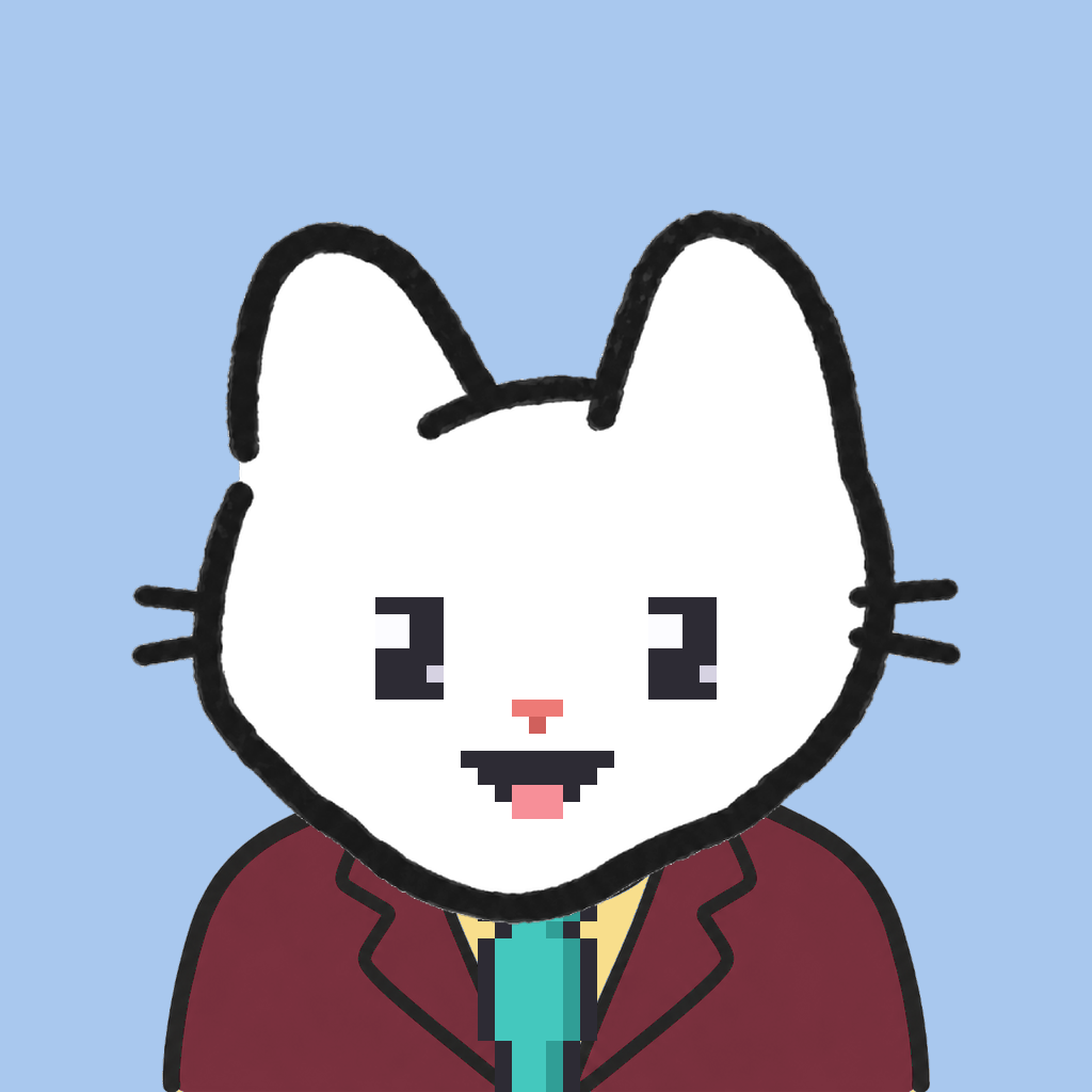 Employee #1841 — a white cat, in a burgundy suit, with a teal tie, on sky