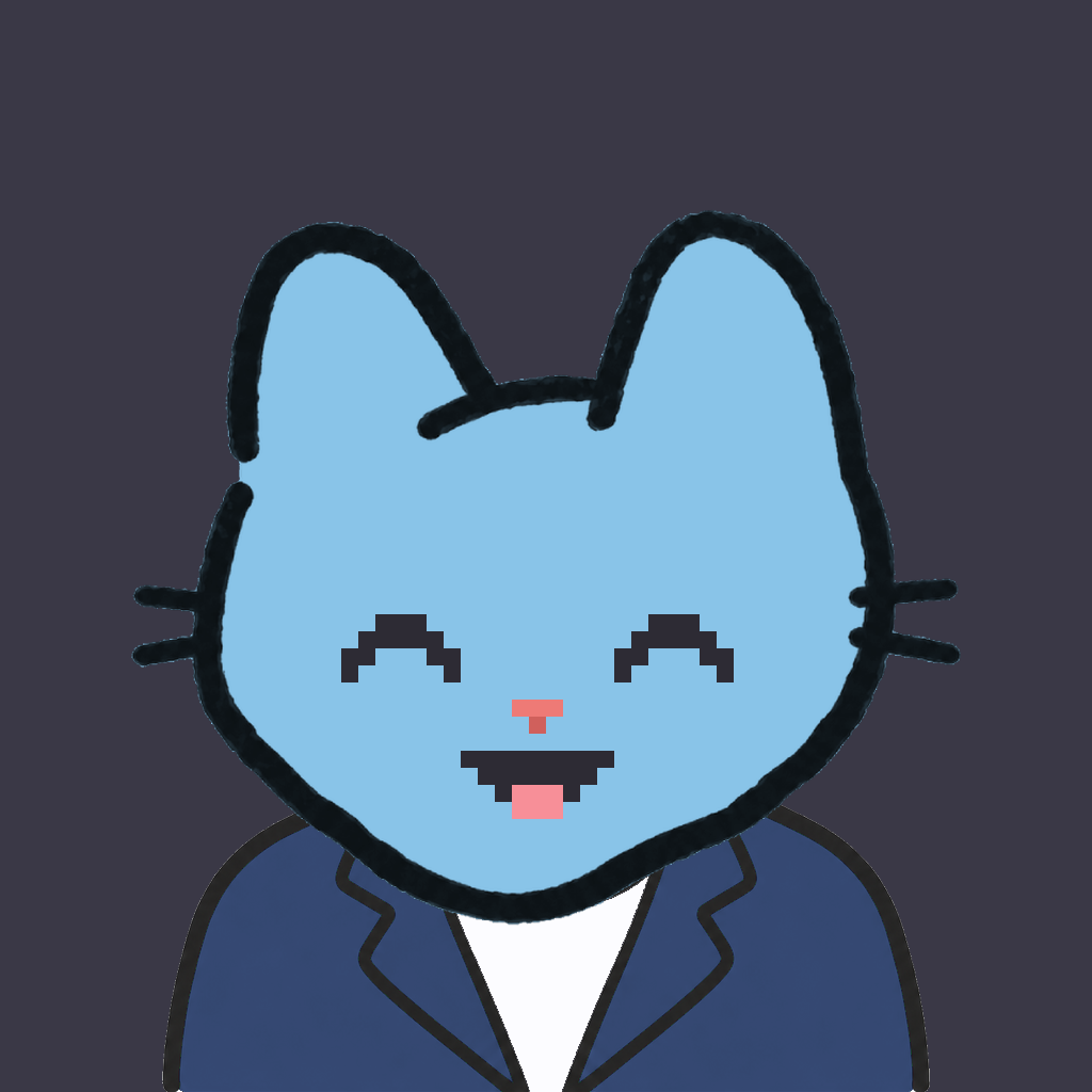 Employee #1842 — a sky cat, in a navy suit, on charcoal