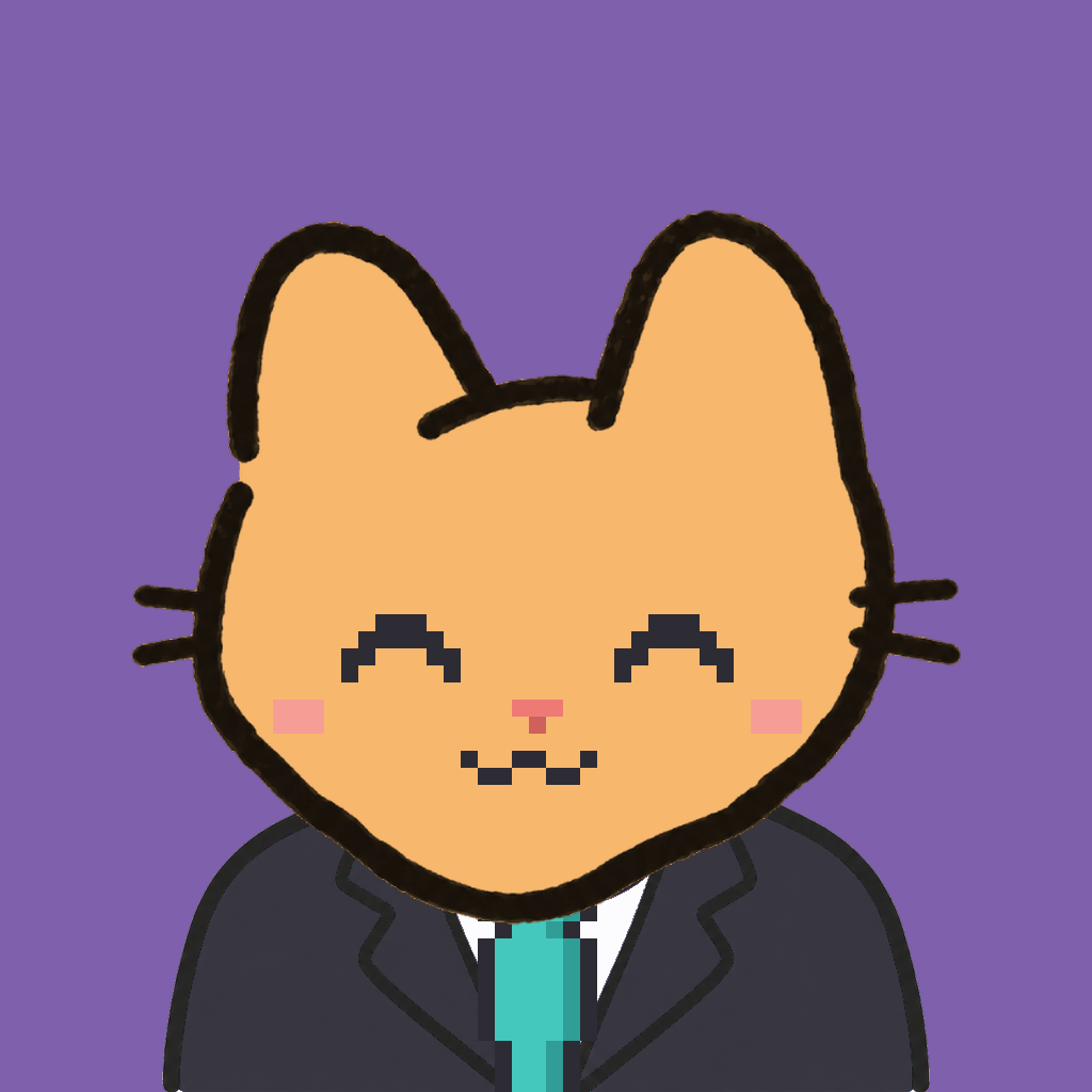 Employee #1843 — a tabby cat, in a black suit, with a teal tie, on plasma violet