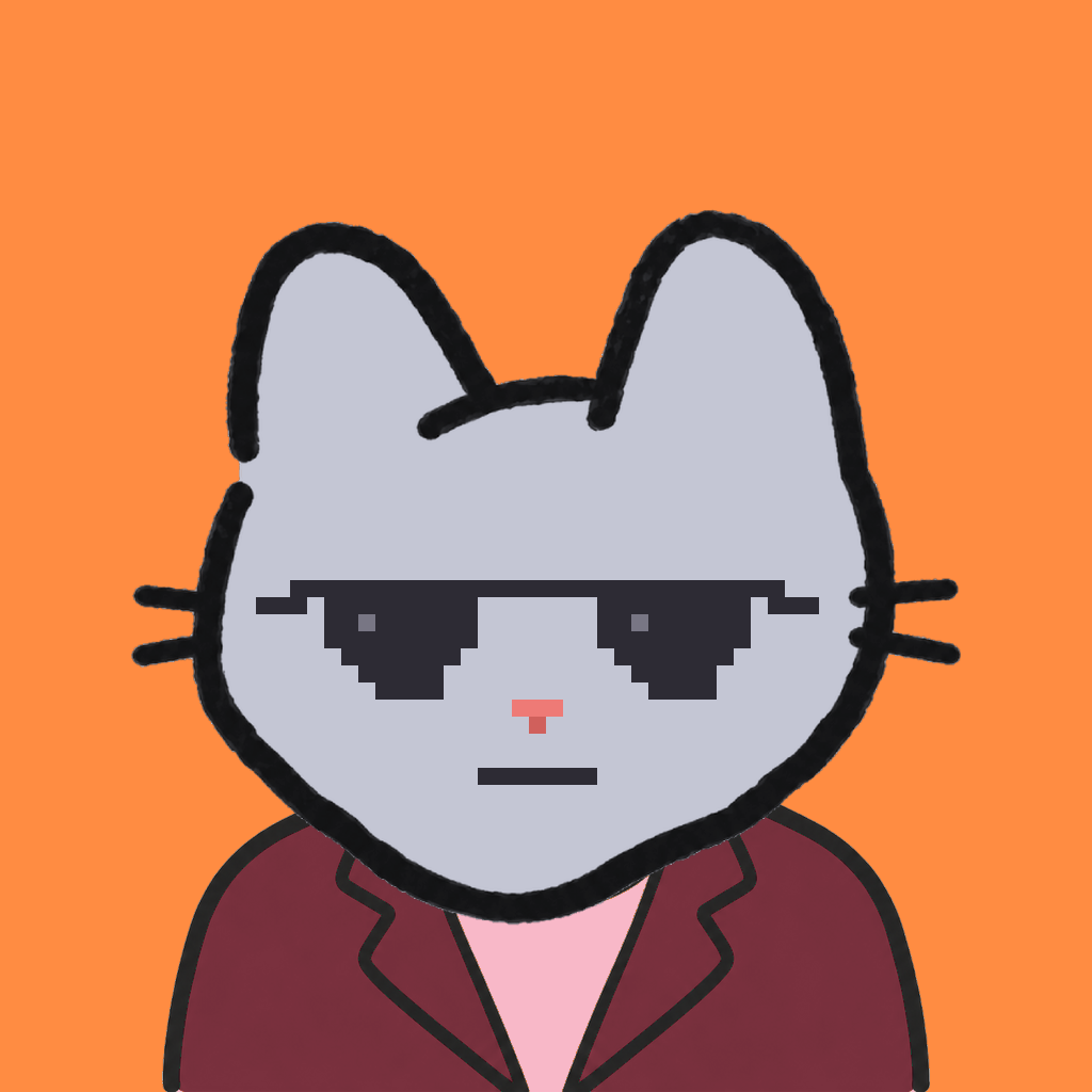 Employee #1844 — a gray cat, in a burgundy suit, wearing shades glasses, on tangerine