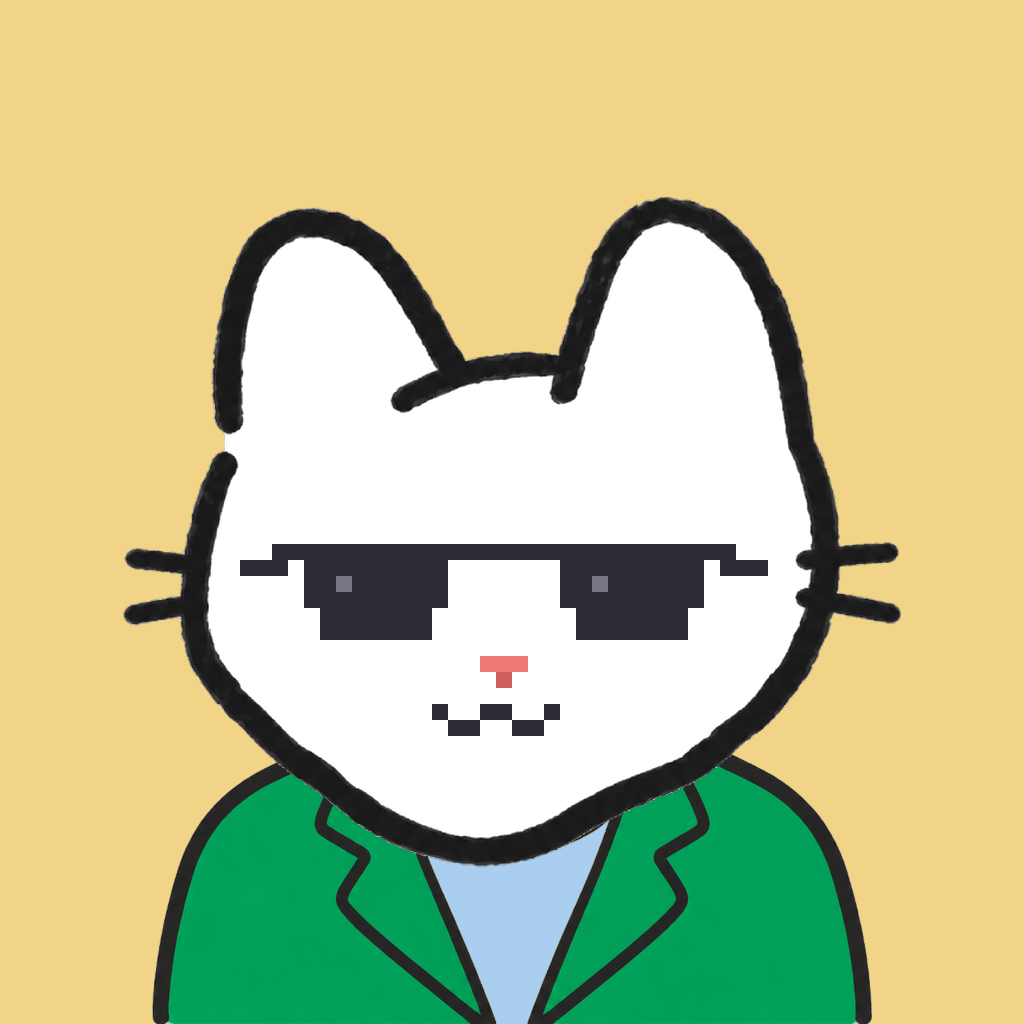 Employee #1845 — a white cat, in a green suit, wearing shades glasses, on butter