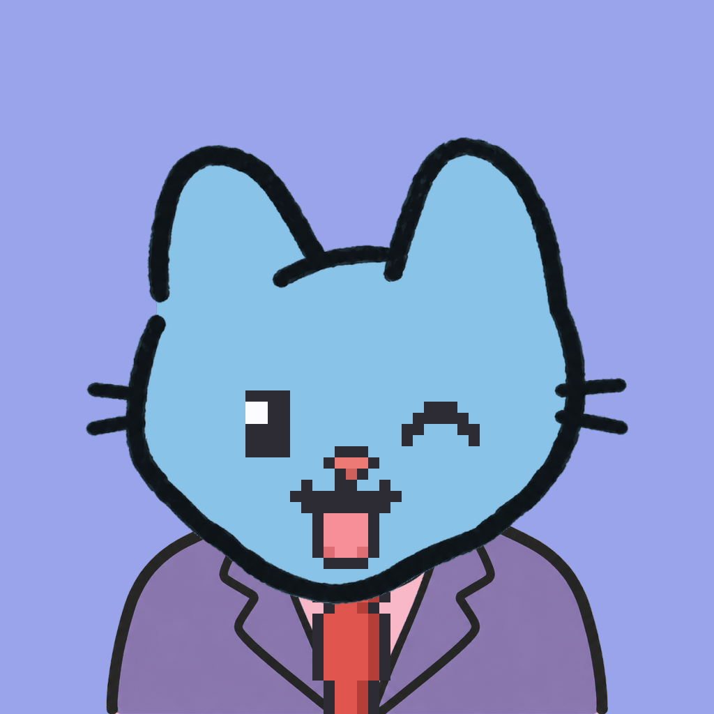 Employee #1846 — a sky cat, in a lavender suit, with a red tie, on periwinkle